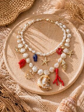 Summer Seashell Charm Multicolor 2PC Necklace Coastal Boho NWT